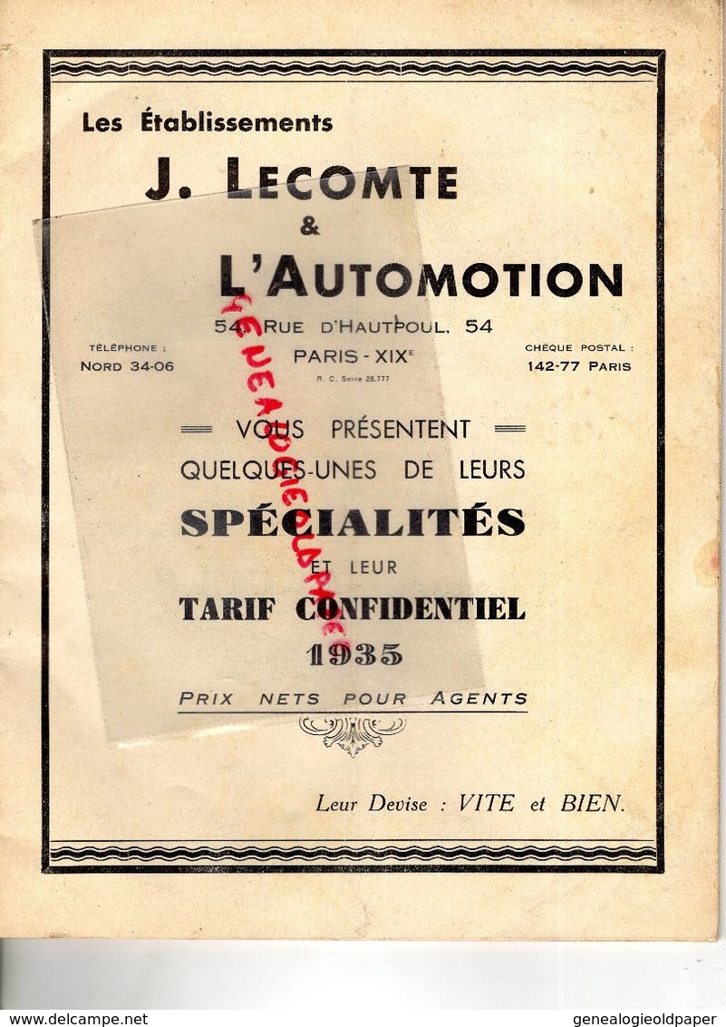 75- PARIS- RARE CATALOGUE J. LECOMTE & AUTOMOTION-TARIF N° 21-1935- VELO -TORPEDO-AVIATOR-VELO- VELOMOTEUR-MOTO-CELER- - Transports