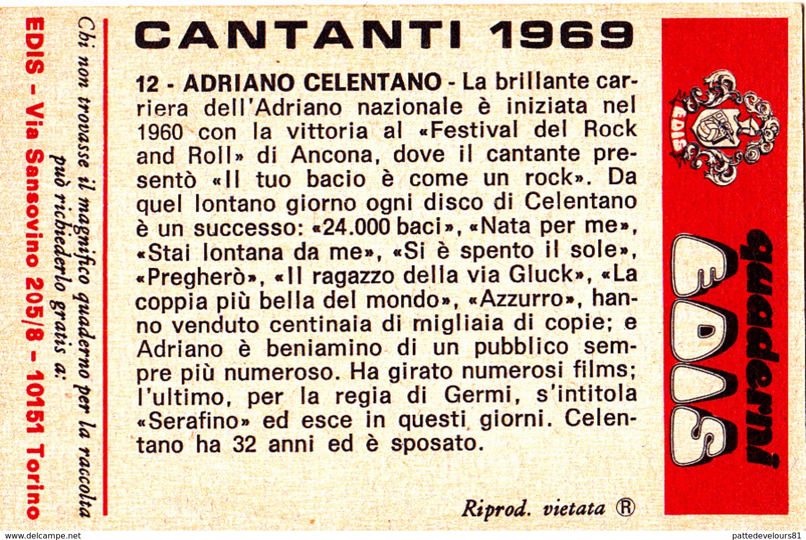 Chromo 5 X 7,5 Année 1969 Artiste Chanteur Singer Cantante Sänger Adriano CELENTANO (2 Scans) - Autres & Non Classés