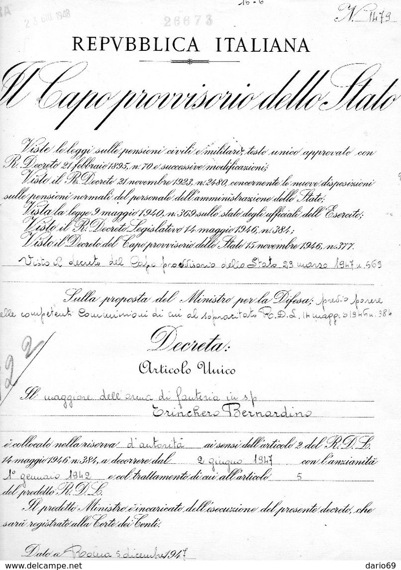 1948 CAPO PROVVISORIO DELLO STATO - Decreti & Leggi