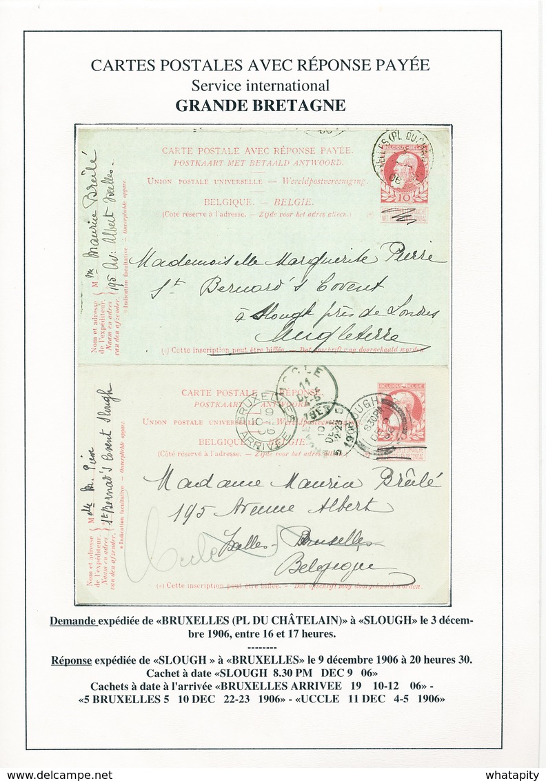 ZZ289 -- Entier Grosse Barbe Double - DEMANDE IXELLES 1906 Et REPONSE Utilisée à SLOUGH Angleterre En Retour - Cartes Postales 1871-1909