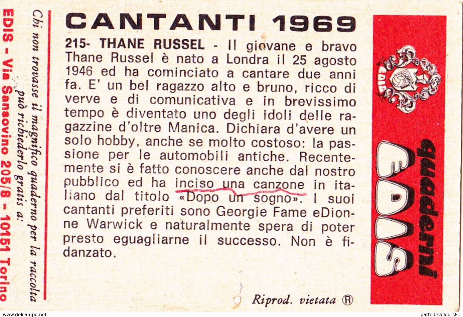 Chromo 5 X 7,5 Année 1969 Artiste Chanteur Singer Cantante Sänger Thane RUSSEL (2 Scans) - Autres & Non Classés