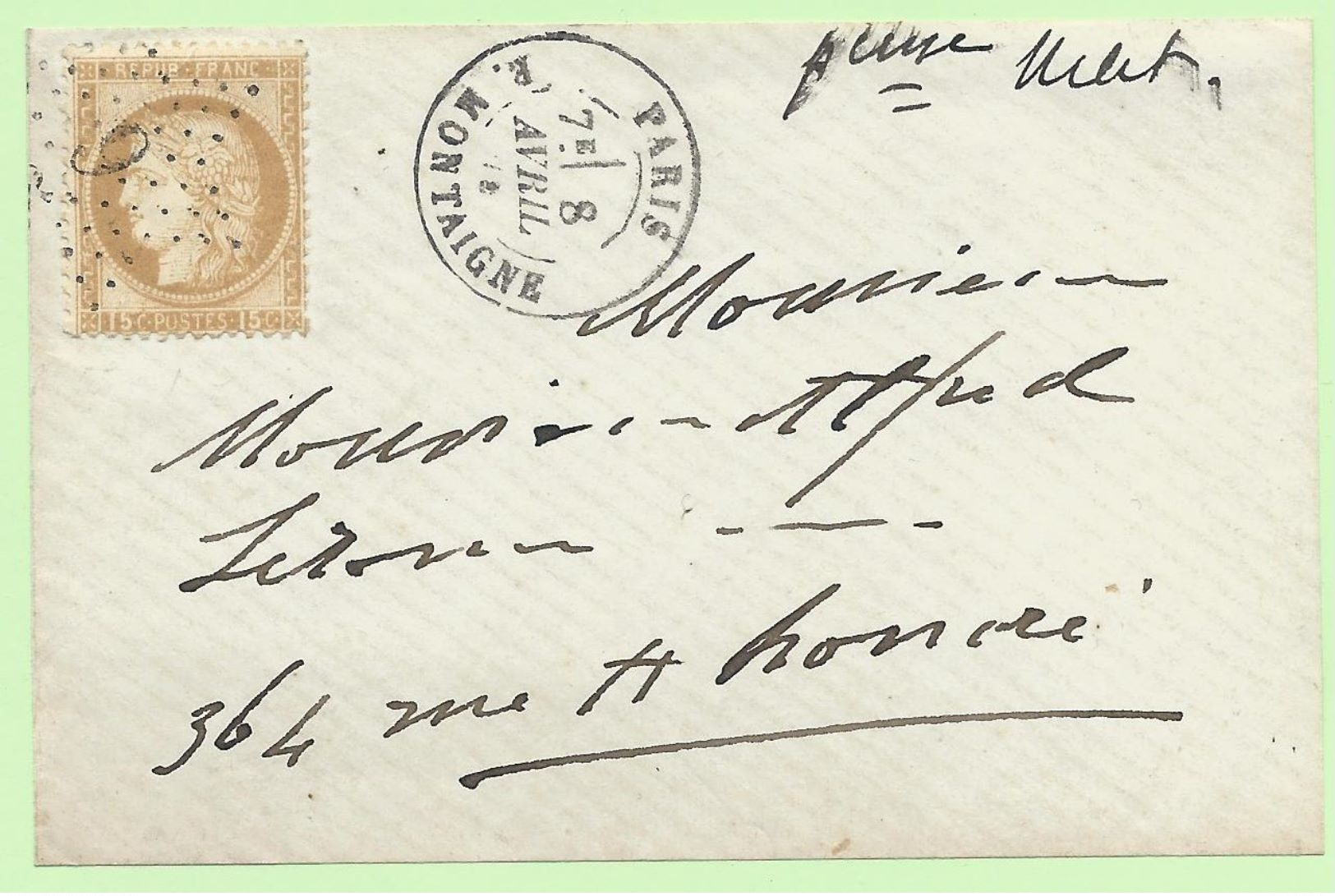 Devant De Lettre (Fragment) - Avec Etoile 9 P16 Sur 15c Bistre N°55 + Cachet à Date Au Type 17 - PARIS  R. MONTAIGNE - 1849-1876: Période Classique