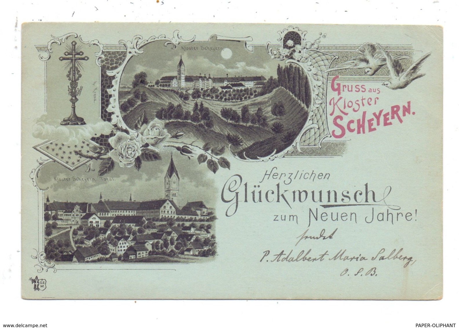 8069 SCHEYERN, Neujahrs Gruß - Karte 1903, Lithographie, Geschrieben Von Adalbert Maria Salberg, Später Ettal - Pfaffenhofen