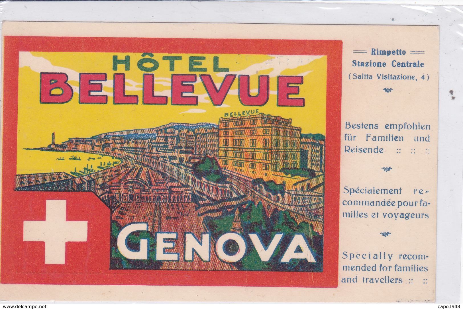 CARD GENOVA HOTEL BELLEVUE CON RIPRODOTTA ETICHETTA PER VALIGIA     -FP-N-2-0882- 27950 - Genova (Genoa)