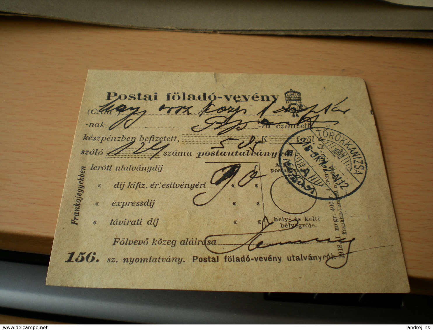 Torokkanizsa Postai Felado Veveny 1918 - Banat-Bacska