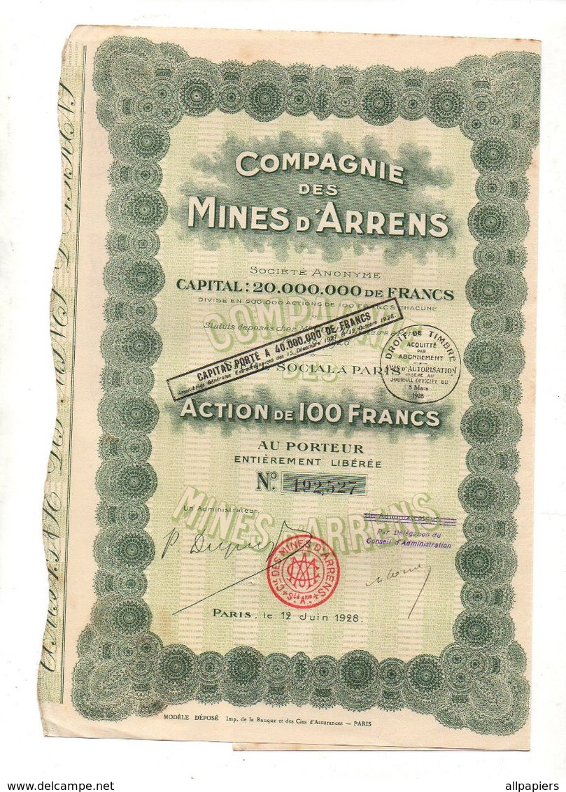 Action De 100 Francs Au Porteur Entièrement Libérée N°192527 Compagnie Des Mines D'Arrens De 1928 - Andere & Zonder Classificatie