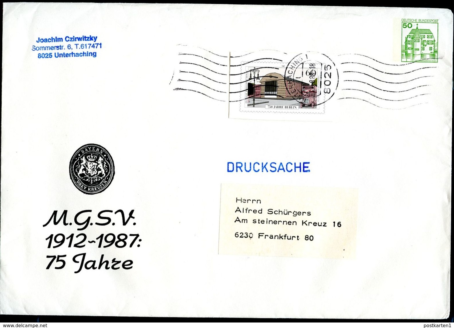 Bund PU113 C1/002 Privat-Umschlag MGSV Gebraucht Unterhaching 1988  NGK 8,00 € - Enveloppes Privées - Oblitérées