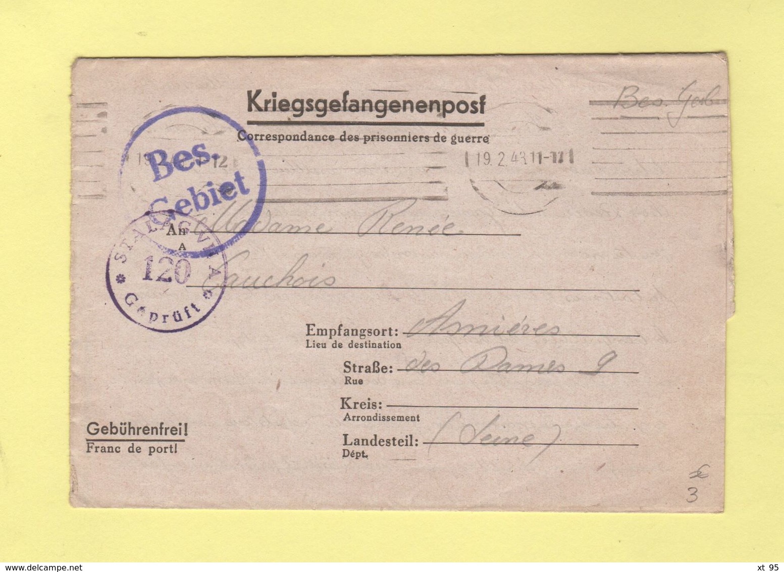 Stalag VIIA - Correspondance De Prisonnier De Guerre - 19-2-1943 - Territoire Occupe - WW II