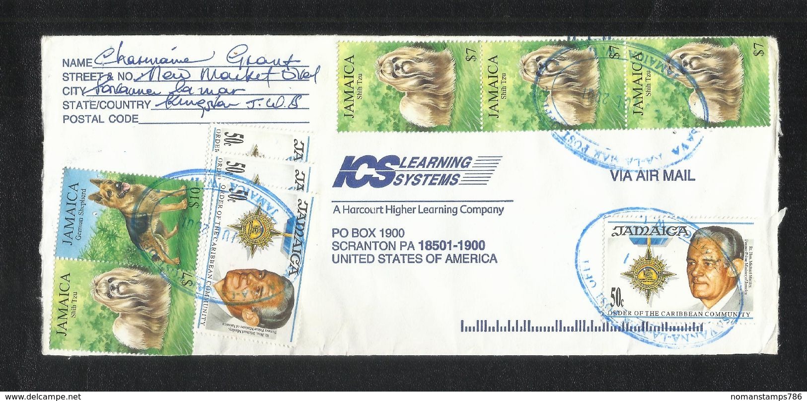 Jamaica Air Mail Postal Used Cover Jamaica To USA Dog Animal Temple - Jamaica (1962-...)