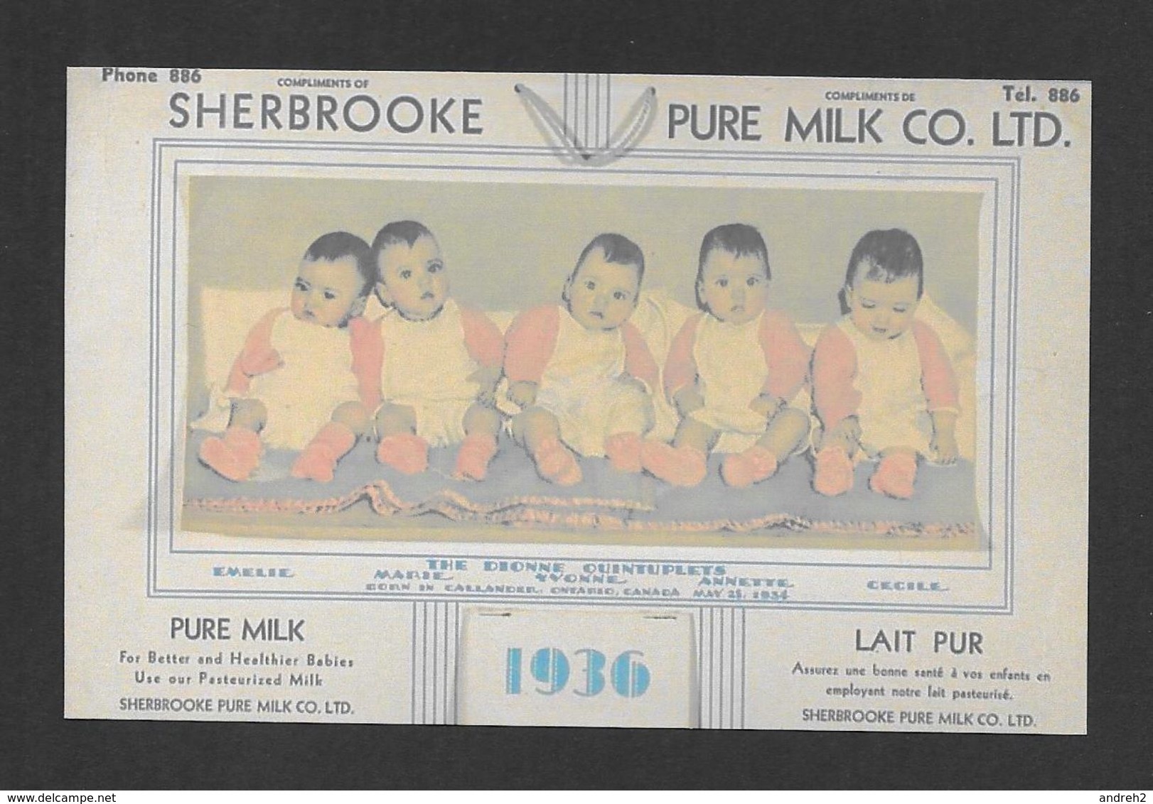 ENFANTS - LES JUMELLES DIONNE - BORN IN CALLANDER ONTARIO EN 1934 - CALENDRIER PAR SHERBROOKE PURE MILK - Groupes D'enfants & Familles