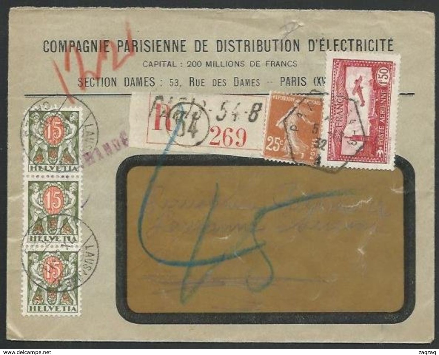 FRANCE TO SWITZERLAND 1932 Registered, Postage Due, Electricity Ads........61855 - 1921-1960: Modern Period