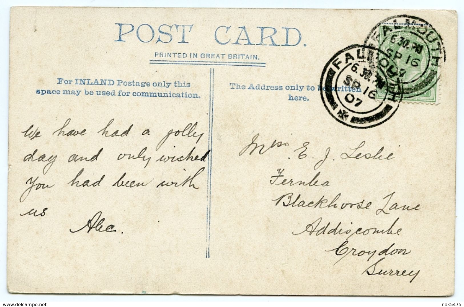 FALMOUTH : PENJERRICK, THE GROUNDS / POSTMARK - FALMOUTH / ADDRESS - CROYDON, ADDISCOMBE, BLACKHORSE LANE - Falmouth