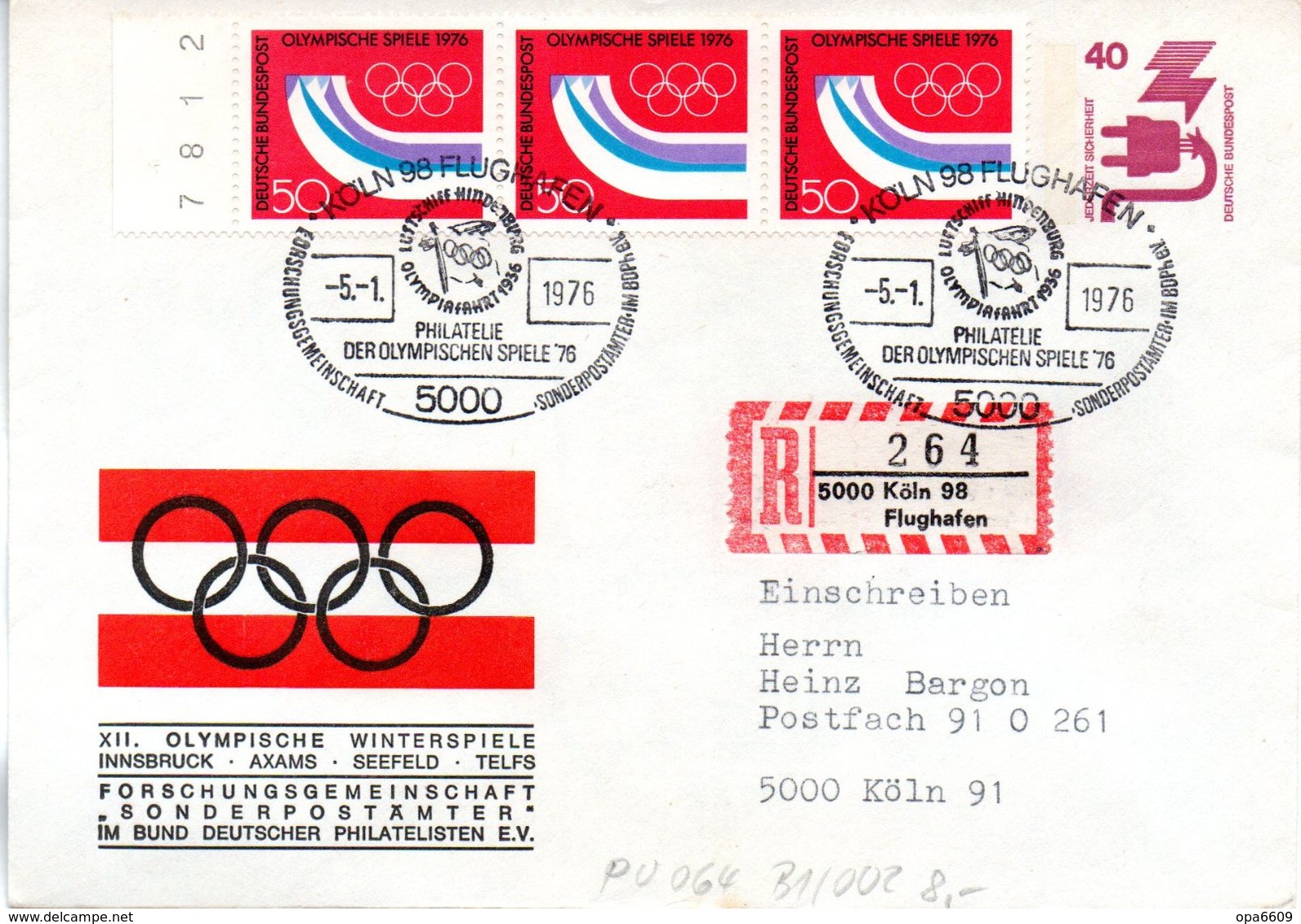 BRD Privatganzsachenumschlag PU064 B1/002 ZF "XII. Olymp. Winterspiele ", SSt 5.1.76  KÖLN 98 - Enveloppes Privées - Oblitérées