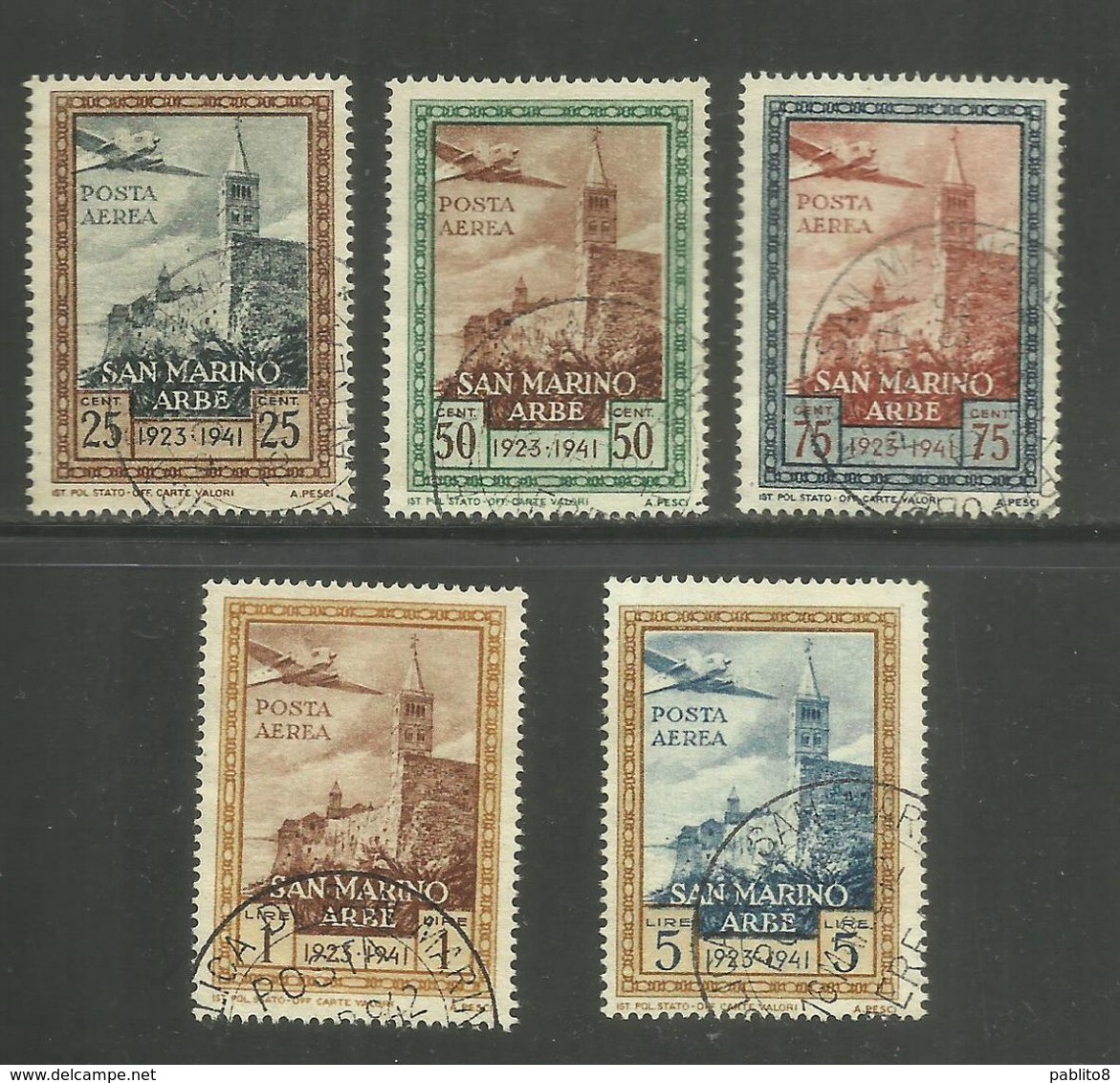 SAN MARINO 1942 RICONSEGNA AD ARBE DELLA BANDIERA ITALIANA POSTA AEREA AIR MAIL SERIE COMPLETA COMPLETE SET USATA USED - Usati