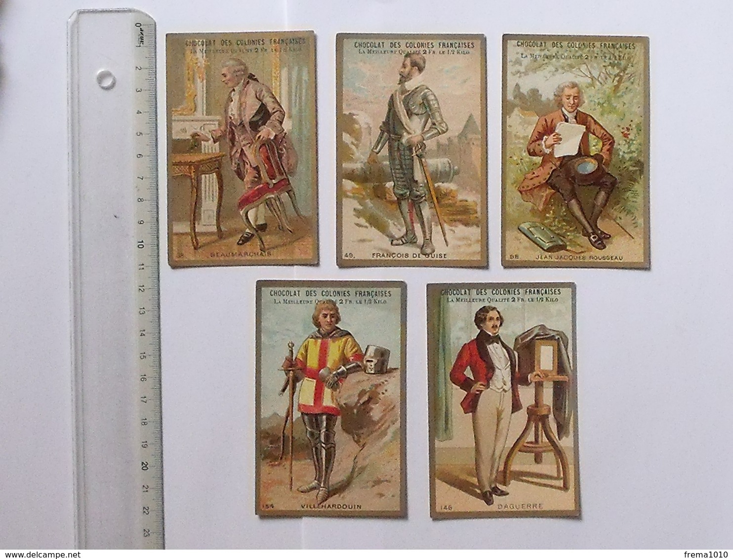 CHROMO Chocolat Colonies Françaises: Lot 5 Personnages Même Série  BEAUMARCHAIS ROUSSEAU DAGUERRE DE GUISE VILLEHARDOUIN - Andere & Zonder Classificatie