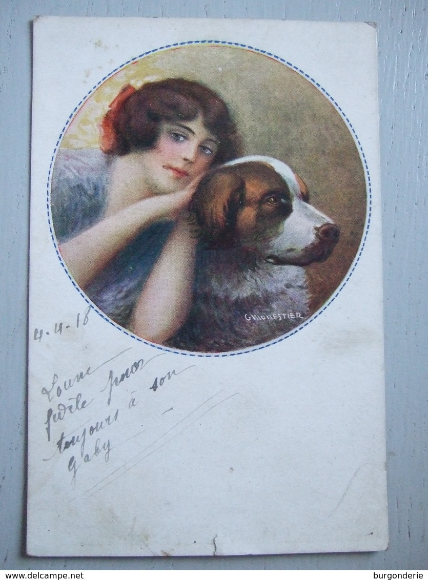 C. MONESTIER / BEAU PORTRAIT DE FEMME ET SON CHIEN EN MEDAILLON /1918 - Monestier, C.