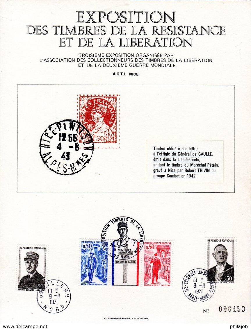 FRANCE Encart Commémoratif N°té " EXPOSITION DES TIMBRES DE LA RESISTANCE ET DE LA LIBERATION / DE GAULLE " Voir Le Scan - De Gaulle (General)