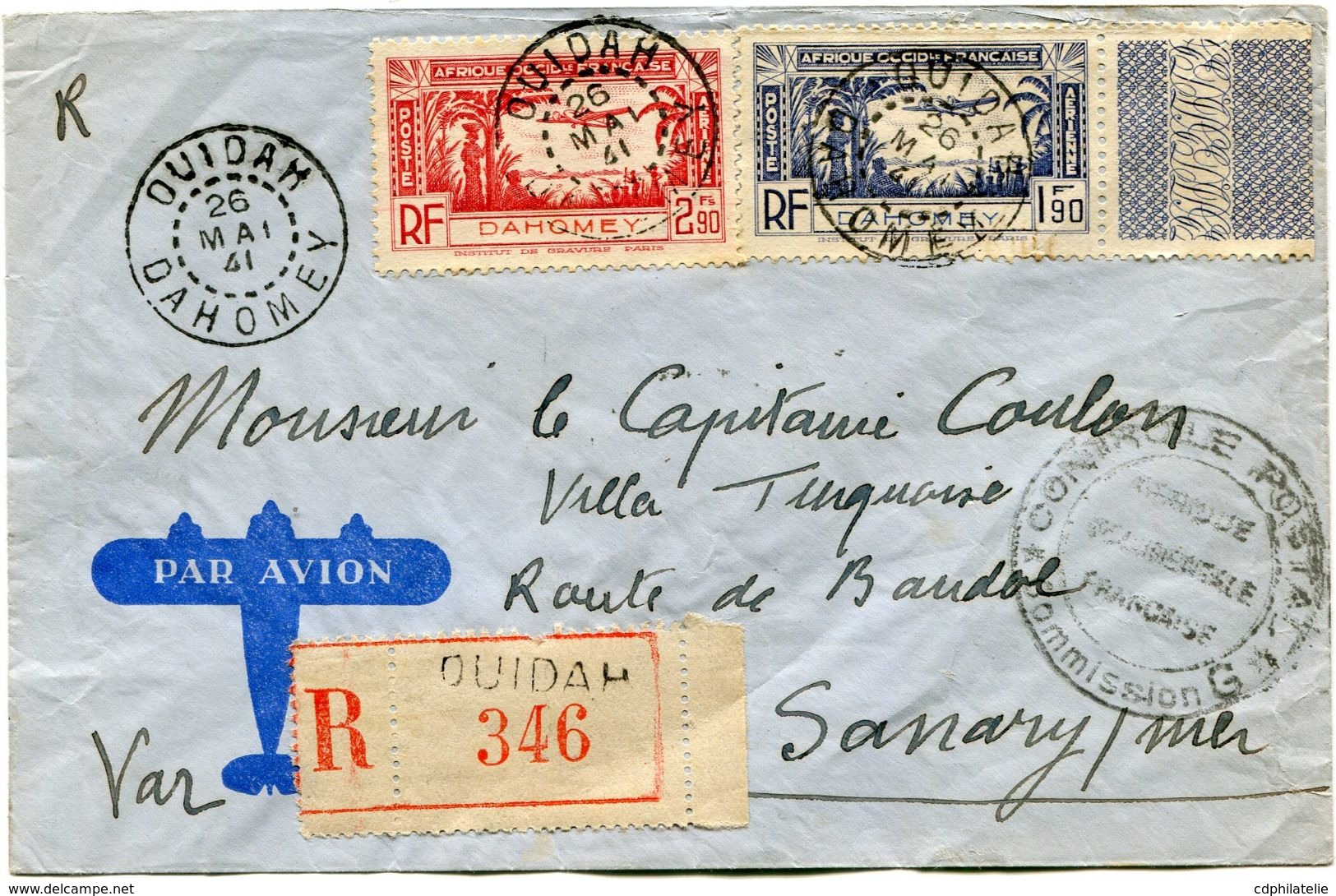 DAHOMEY LETTRE RECOMMANDEE PAR AVION CENSUREE AFFR. COMPLEMENTAIRE AU DOS DEPART OUIDAH 26 MAI 41 DAHOMEY POUR LA FRANCE - Brieven En Documenten