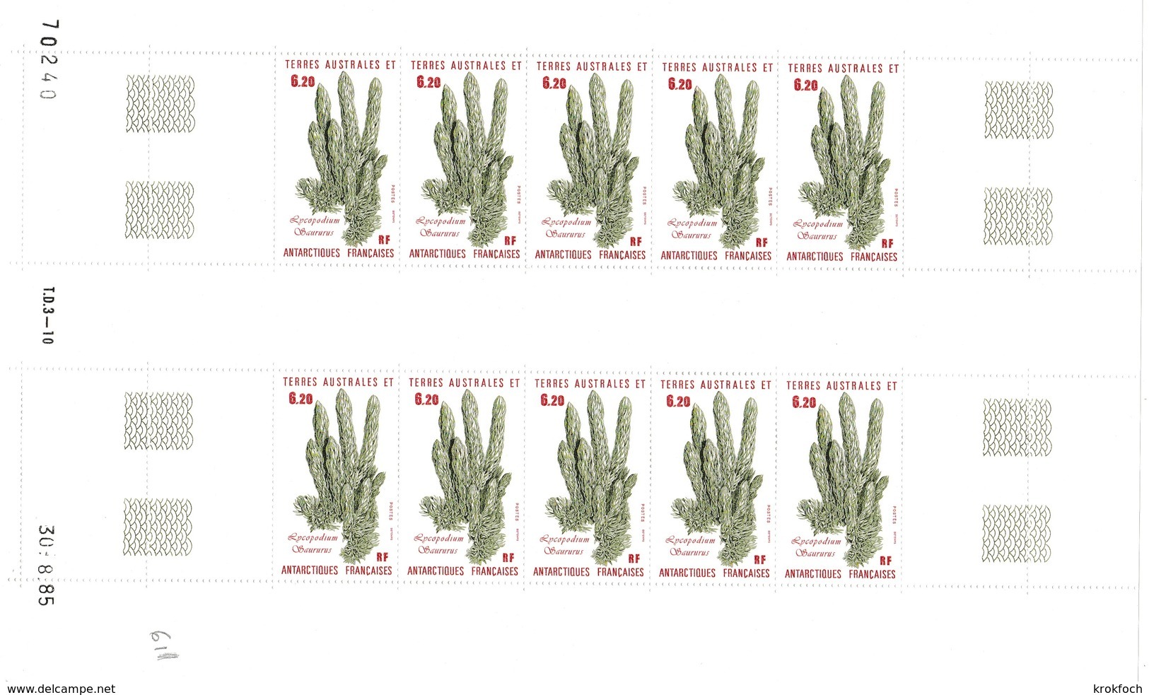 Planche 10 Timbres Yt 119 TAAF Avec Coin Daté 30.08.85 - Faciale 9,50 € - Flore Antarctique Plantes Botanique - Ongebruikt