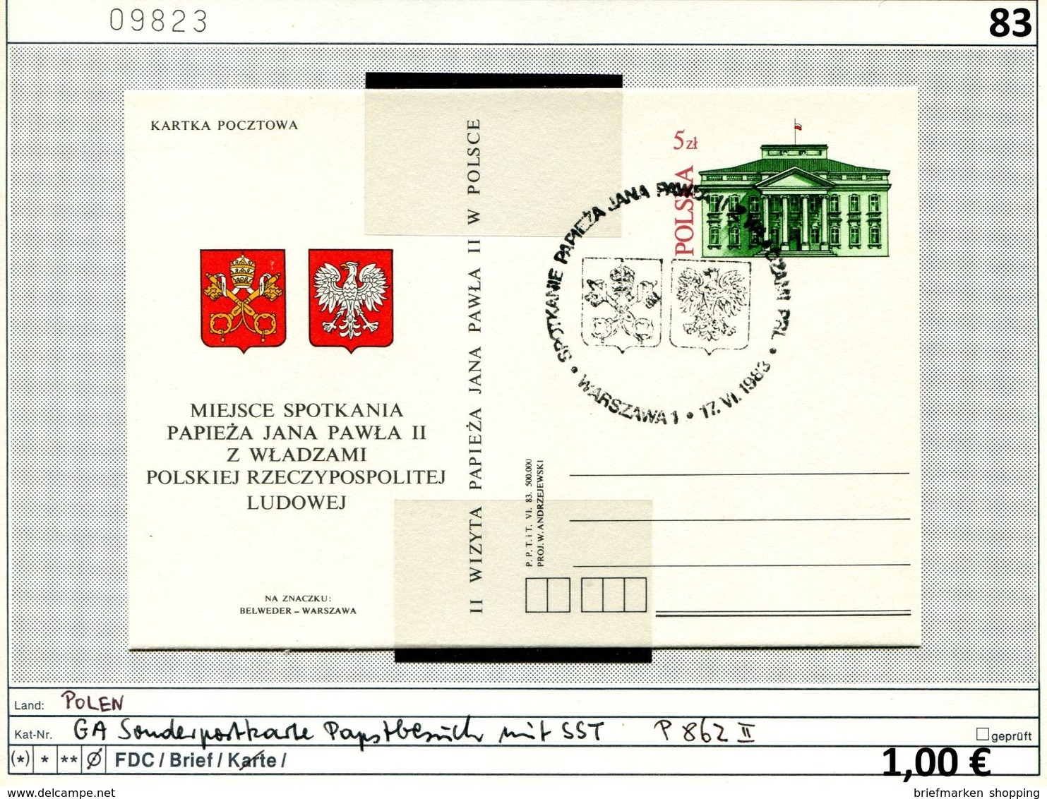 Polen - Poland - Pologne - Michel Ganzsache P 862 II Mit Sonderstempel - Papstbesuch 1983 - Briefe U. Dokumente