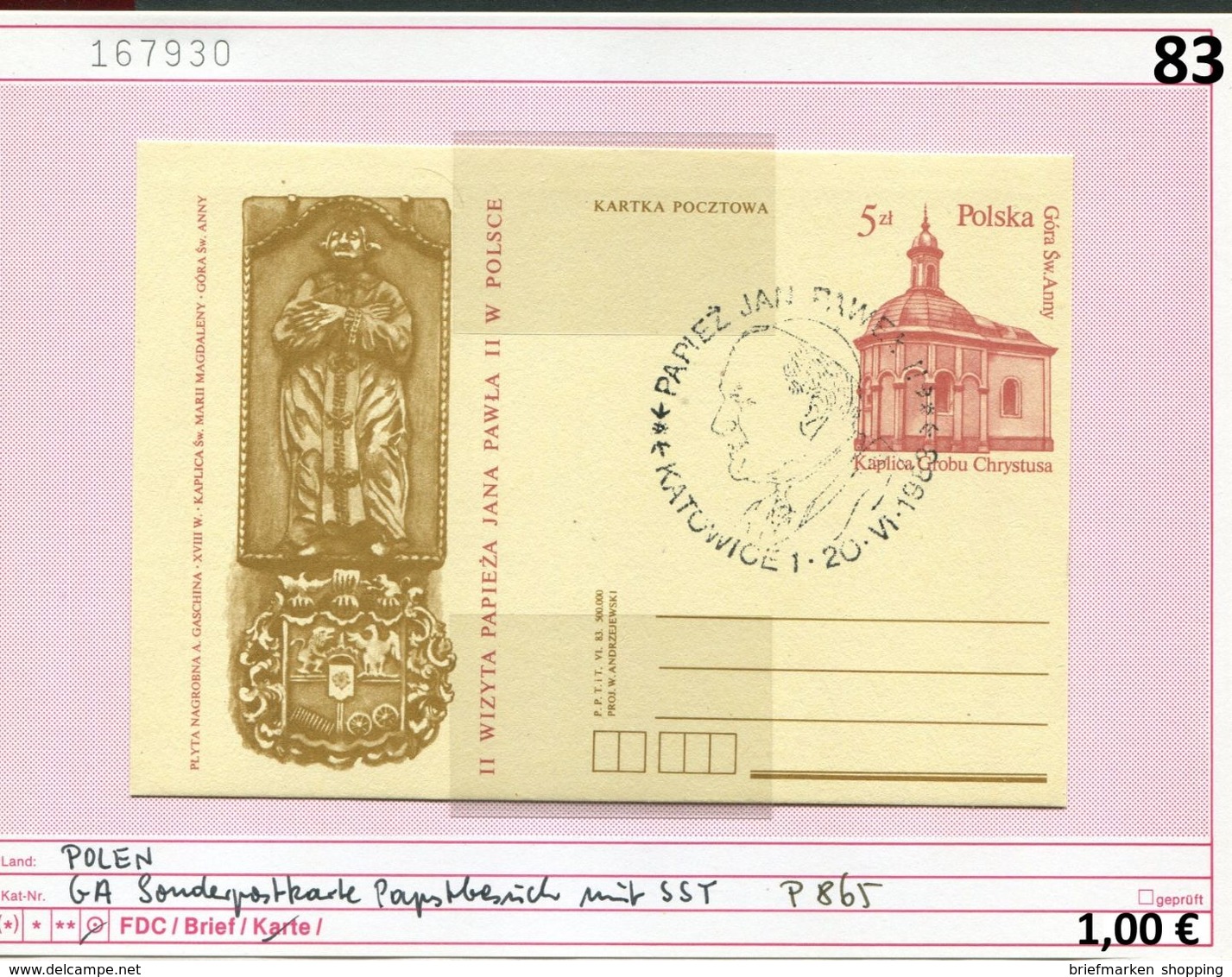 Polen - Poland - Pologne - Michel Ganzsache P 865 Mit Sonderstempel - Papstbesuch 1983 - Briefe U. Dokumente