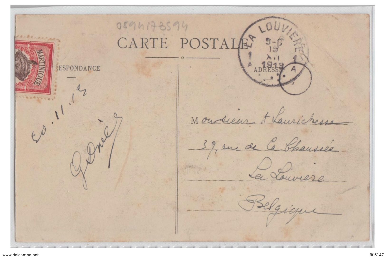 FRANCE--MARTINIQUE--POSTE MARITIME--CARTE POSTALE OBLITEREE "COLON A ST NAZAIRE  L.A. N°1" --VERS LA BELGIQUE--1913-- - Briefe U. Dokumente