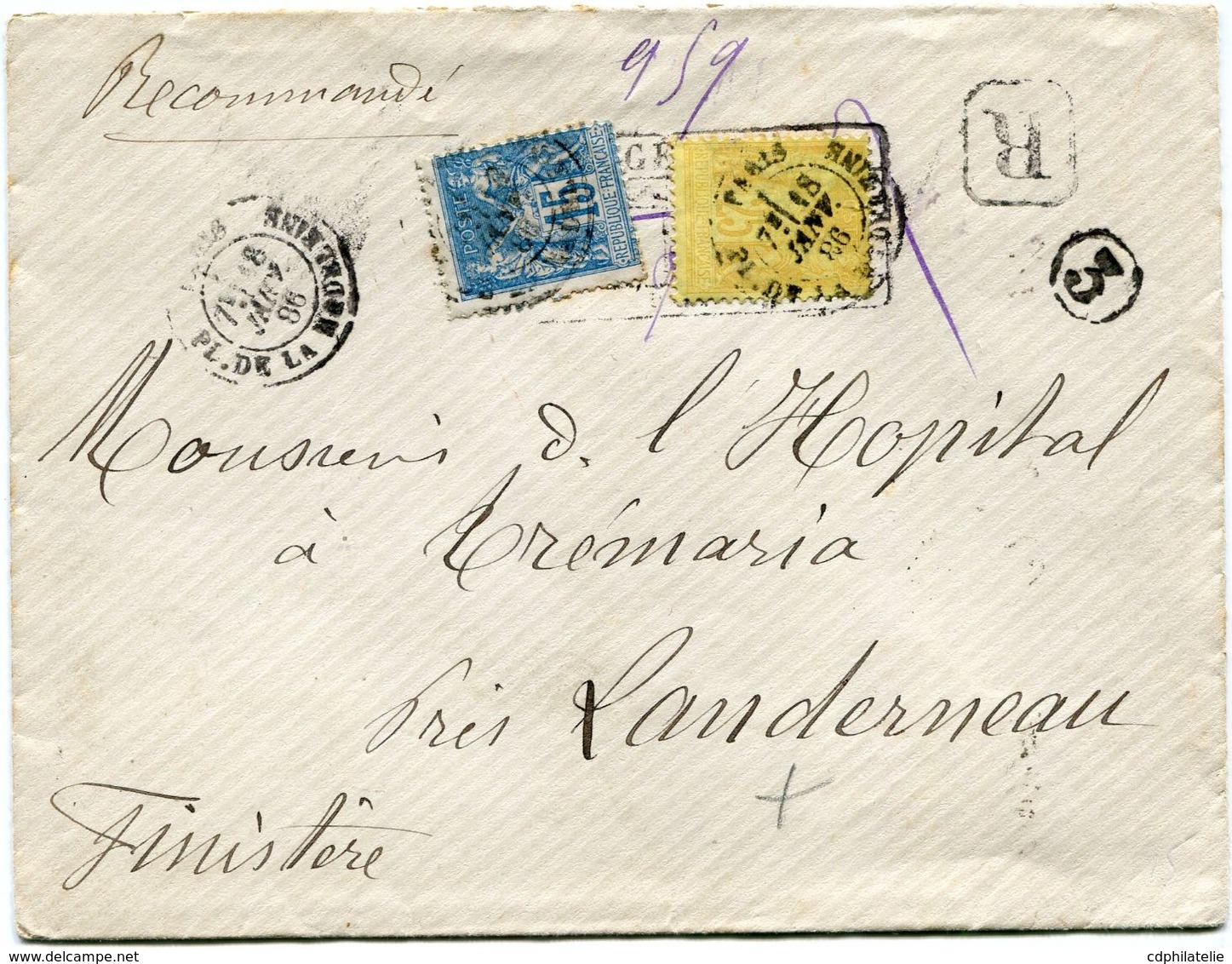 FRANCE LETTRE RECOMMANDEE AFFRANCHIE AVEC UN N°90 ET UN N°92 DEPART PARIS 18 JANV 86 PL. DE LA MADELEINE POUR LA FRANCE - 1877-1920: Période Semi Moderne