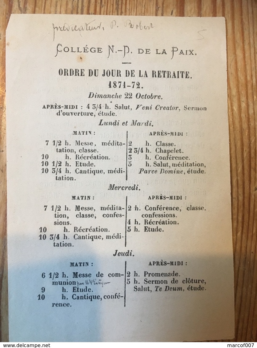 NAMUR COLLÈGE NOTRE DAME DE LA PAIX 1871-72 PROGRAMME RETRAITE RRR - Programmes