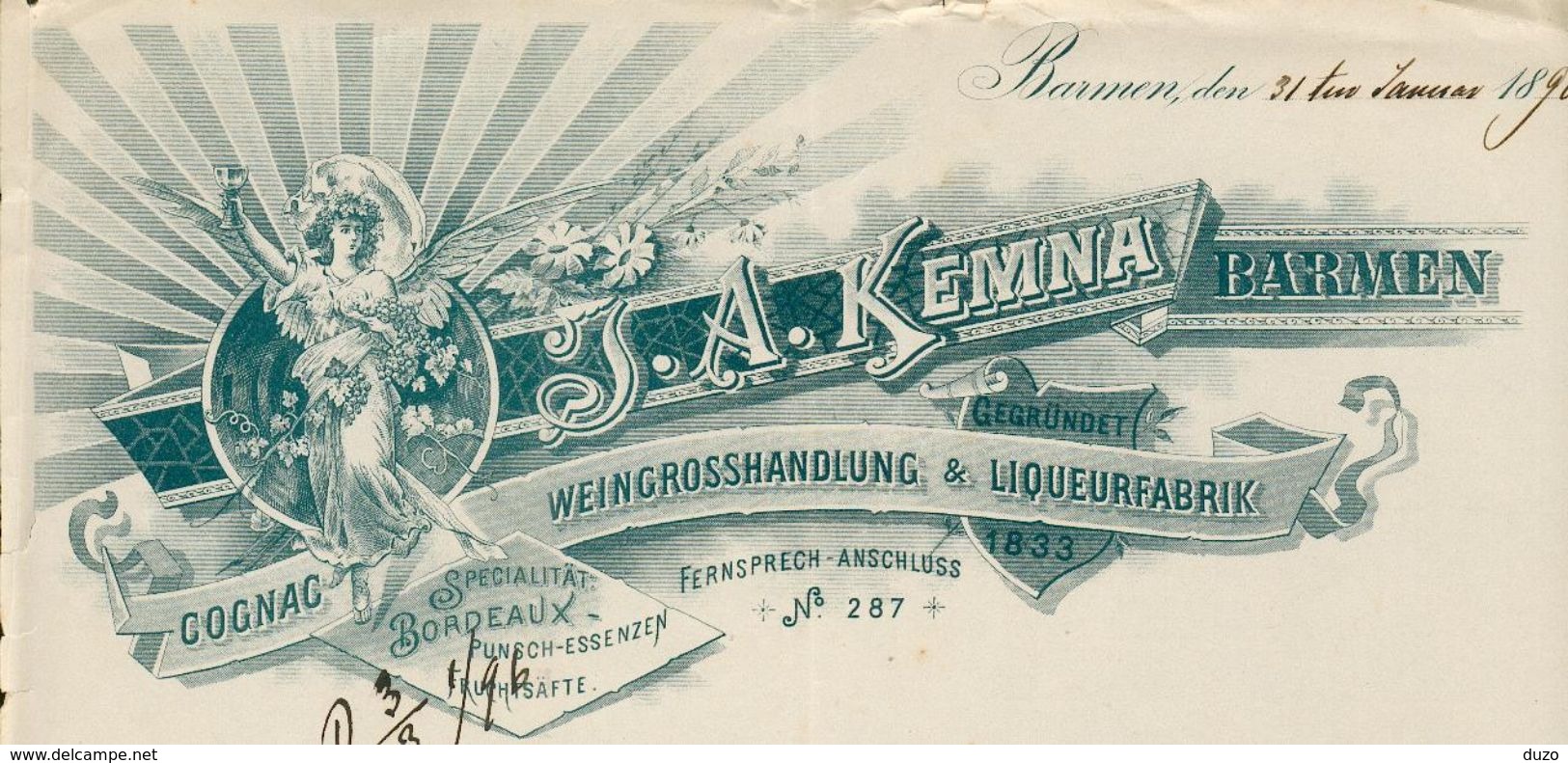 Allemagne. Barmen. - Entête Du 31 Januar 1896 - J.A.Kemna Barmen - Cognac Weingrosshandlung & Liqueurfabrik. - 1800 – 1899