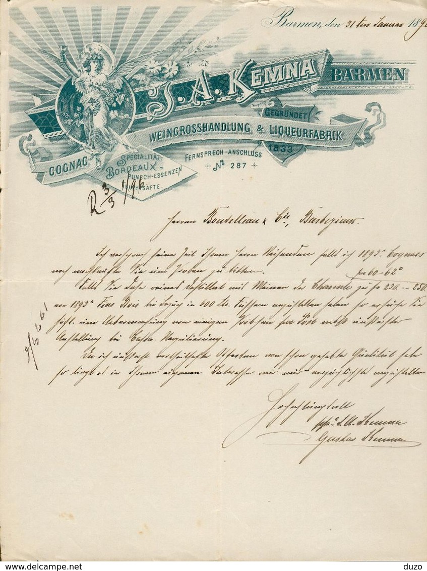 Allemagne. Barmen. - Entête Du 31 Januar 1896 - J.A.Kemna Barmen - Cognac Weingrosshandlung & Liqueurfabrik. - 1800 – 1899