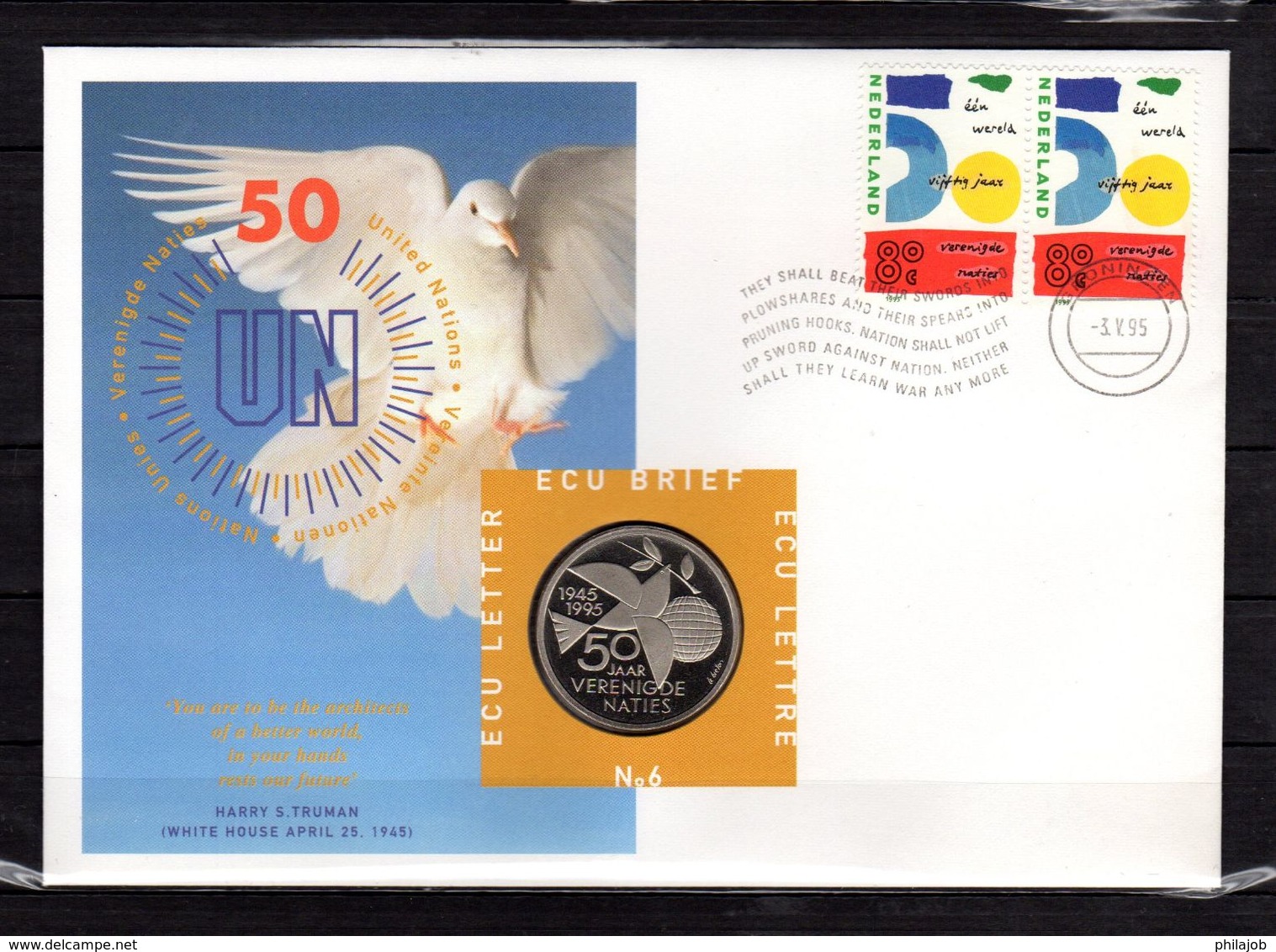 " 50 ANS DE L'ONU / COLOMBE " Sur Enveloppe 1er Jour Et Monnaie (1 ECU) De 1995 En Parfait état. Voir Les 2 Scans. FDC - Duiven En Duifachtigen