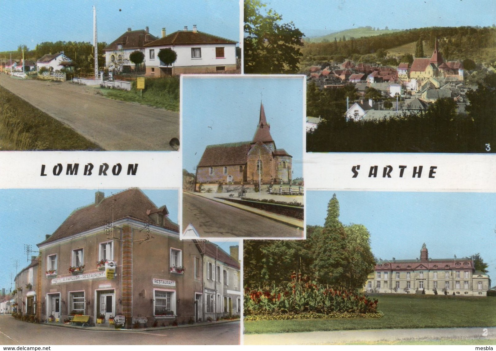 CPSM  -  LOMBRON  (72)  L' Eglise - Chateau De Lauresse - Hotel - Restaurant  A. Papillon - Autres & Non Classés