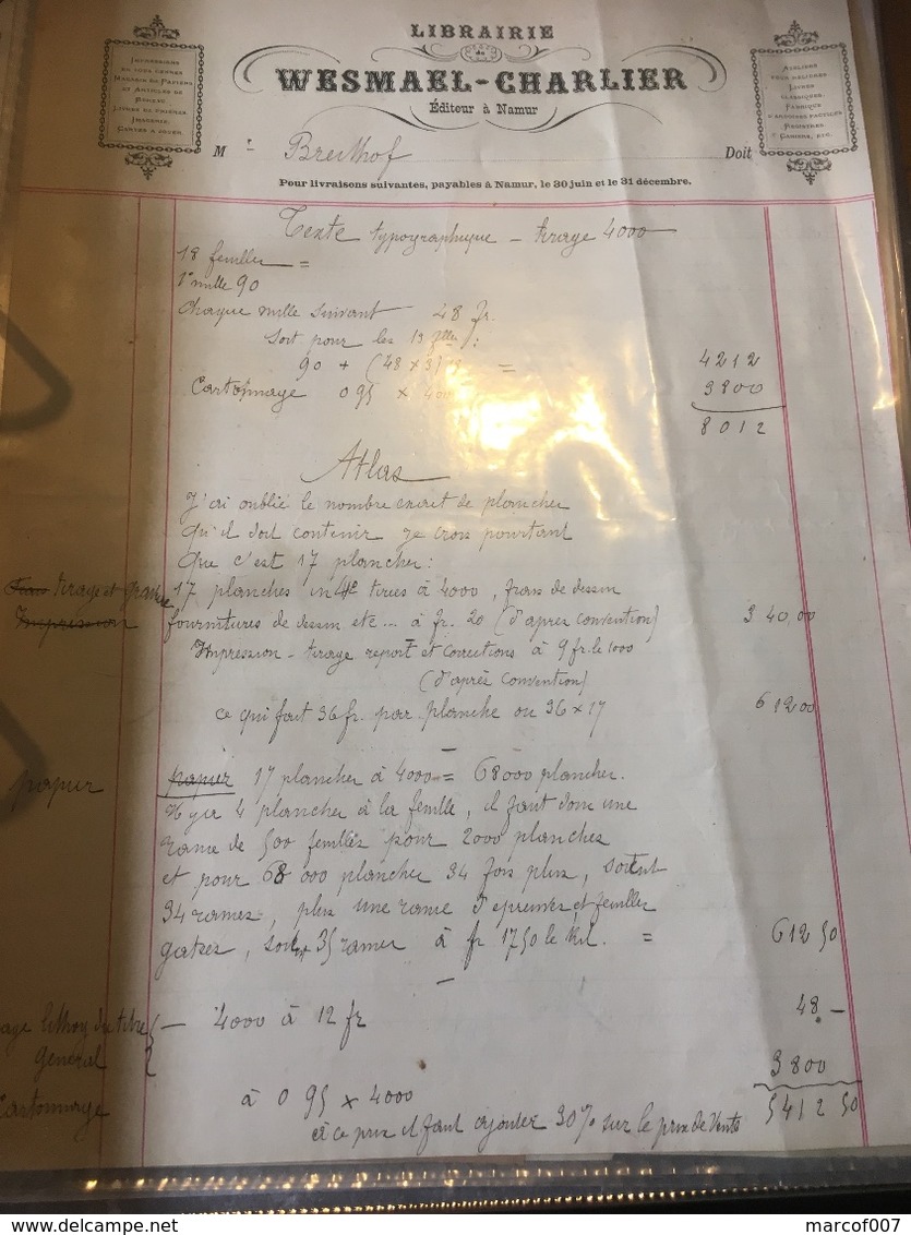 NAMUR 1881 Imprimeur Wesmael Charlier 1 Facture Et Un Reçu à Voir - 1800 – 1899