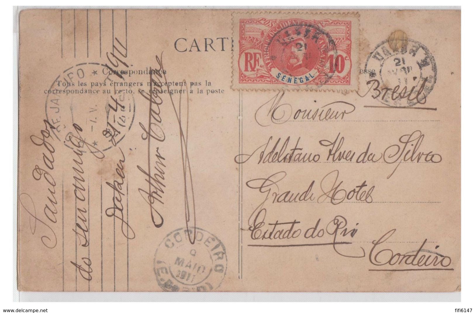 SENEGAL -- CARTE POSTALE 1911-- DAKAR VERS CORDEIRO (BRESIL) TRANSIT RIO -- DESTINATION RARE-- - Briefe U. Dokumente