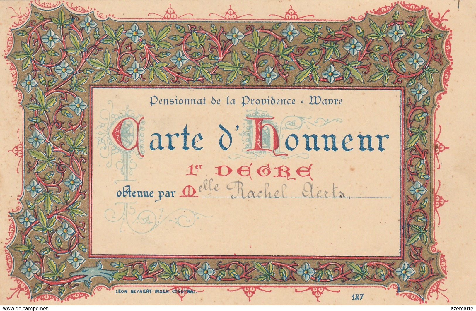 Wavre , Pensionnat Des Soeurs De La Providence  , Carte D'honneur , 1er Degré - Wavre