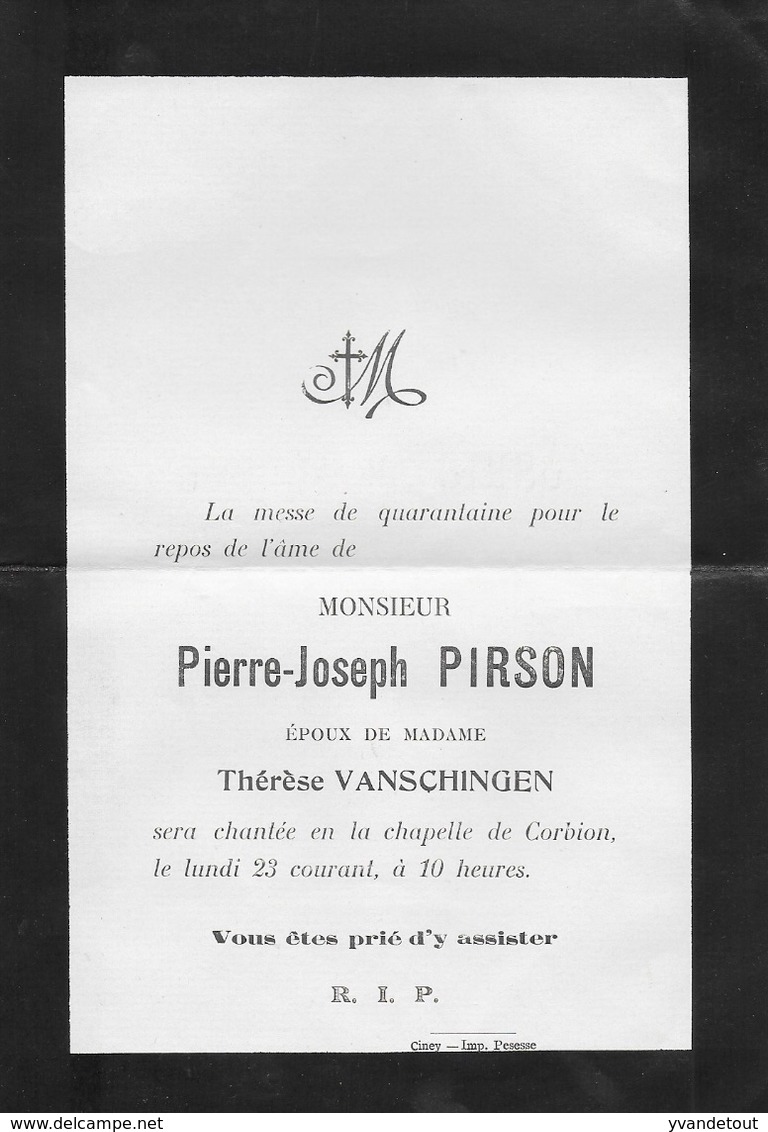 Faire-part Décès. Pierre-Joseph PIRSON époux Thérèse Vanschingen. Corbion. 1907 - Overlijden