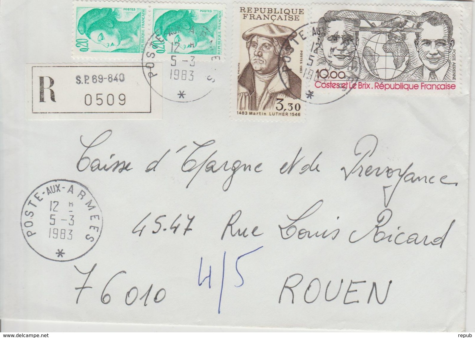 France Lettre Recommandée Année 1983 SP69-840 Pour Rouen - Cachets Militaires A Partir De 1900 (hors Guerres)