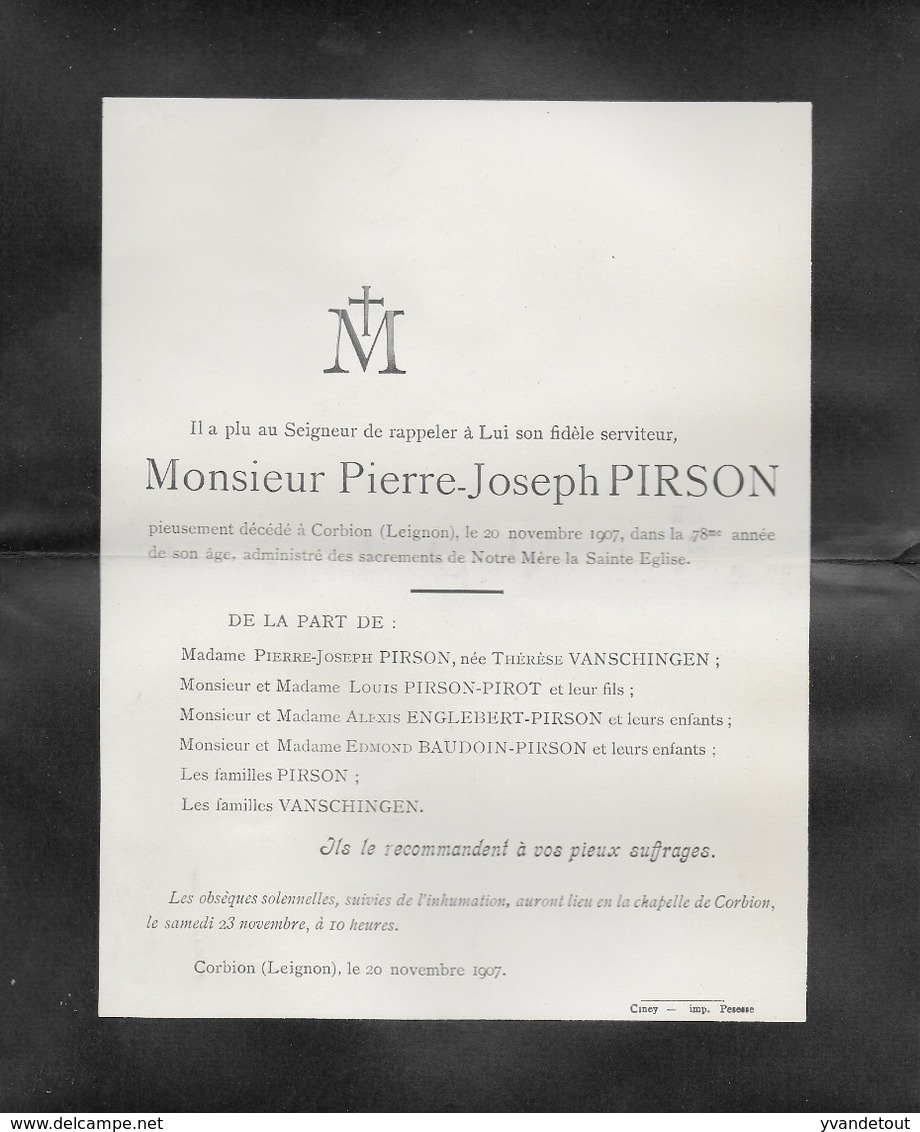 Faire-part Décès. Pierre-Joseph PIRSON. Thérèse Vanschingen. Corbion. Leignon. Ciney. 1907 - Overlijden