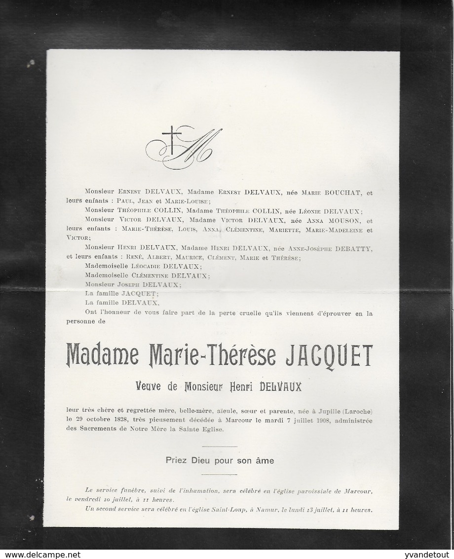 Faire-part Décès. Madame Marie-Thérèse Jacquet, Veuve Henri Delvaux.1908. Jupille. Laroche. - Overlijden