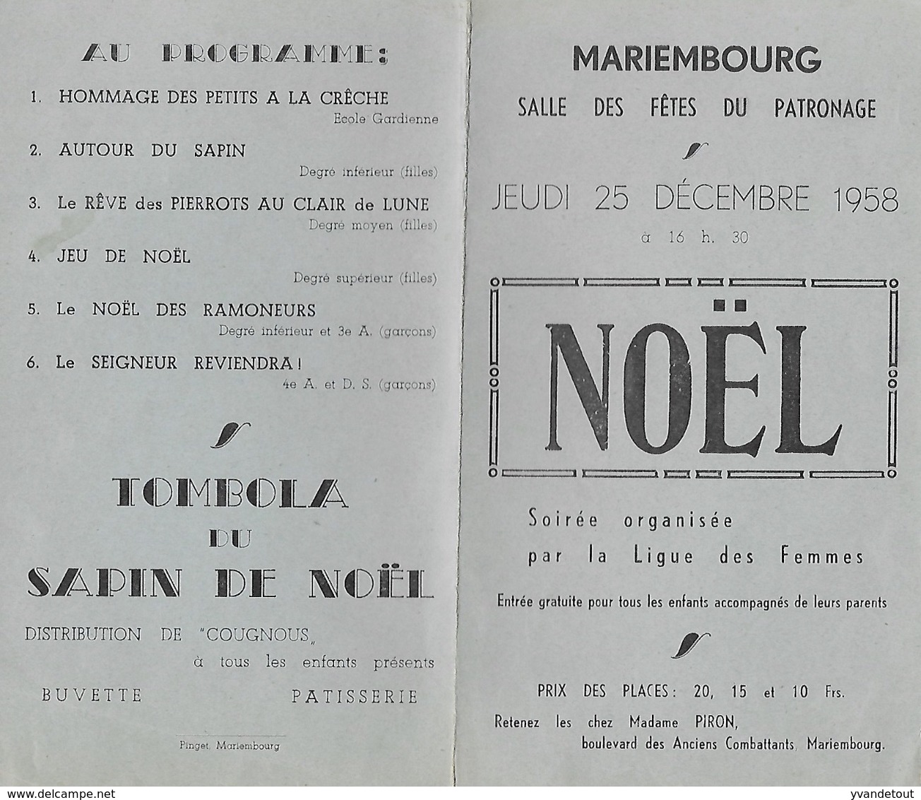 Programme Noël 1958. Mariembourg. - Programmes