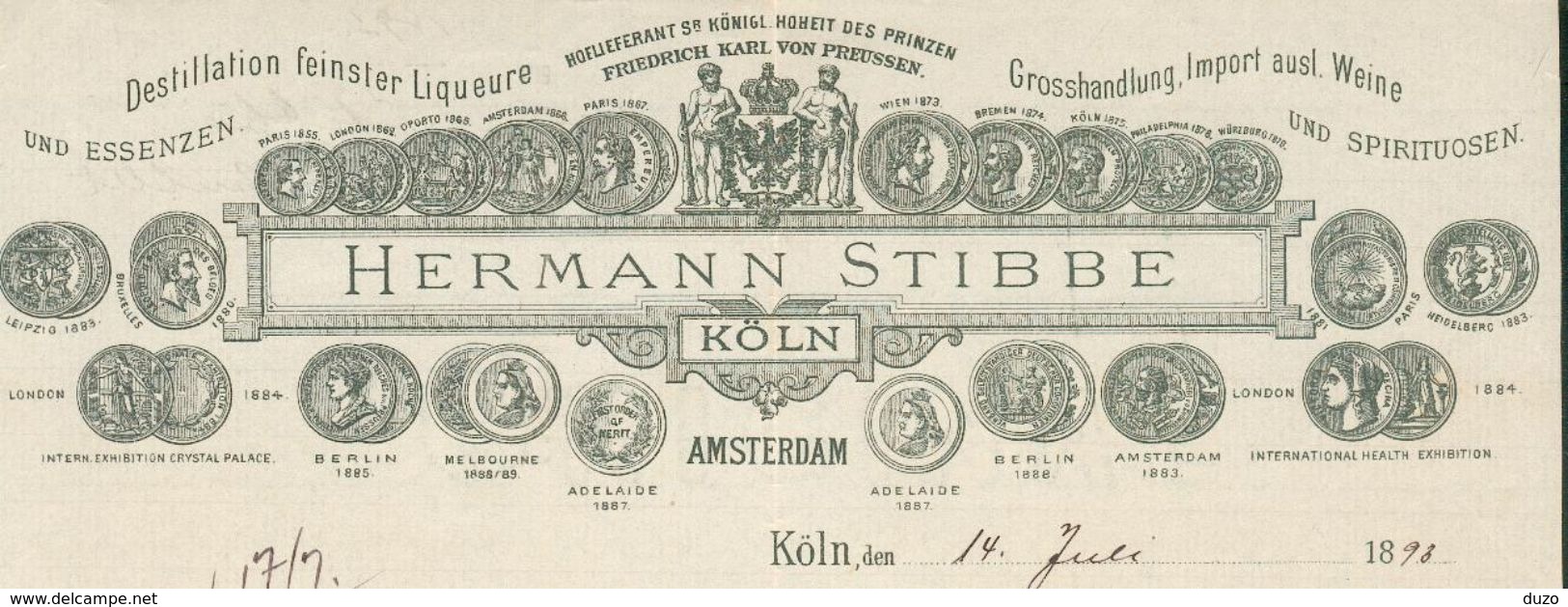 Amsterdam/Köln : Entête  Du 14 Juillet 1893 - Destillation Feinster Liqueure - Hermann Stibbe . - Pays-Bas