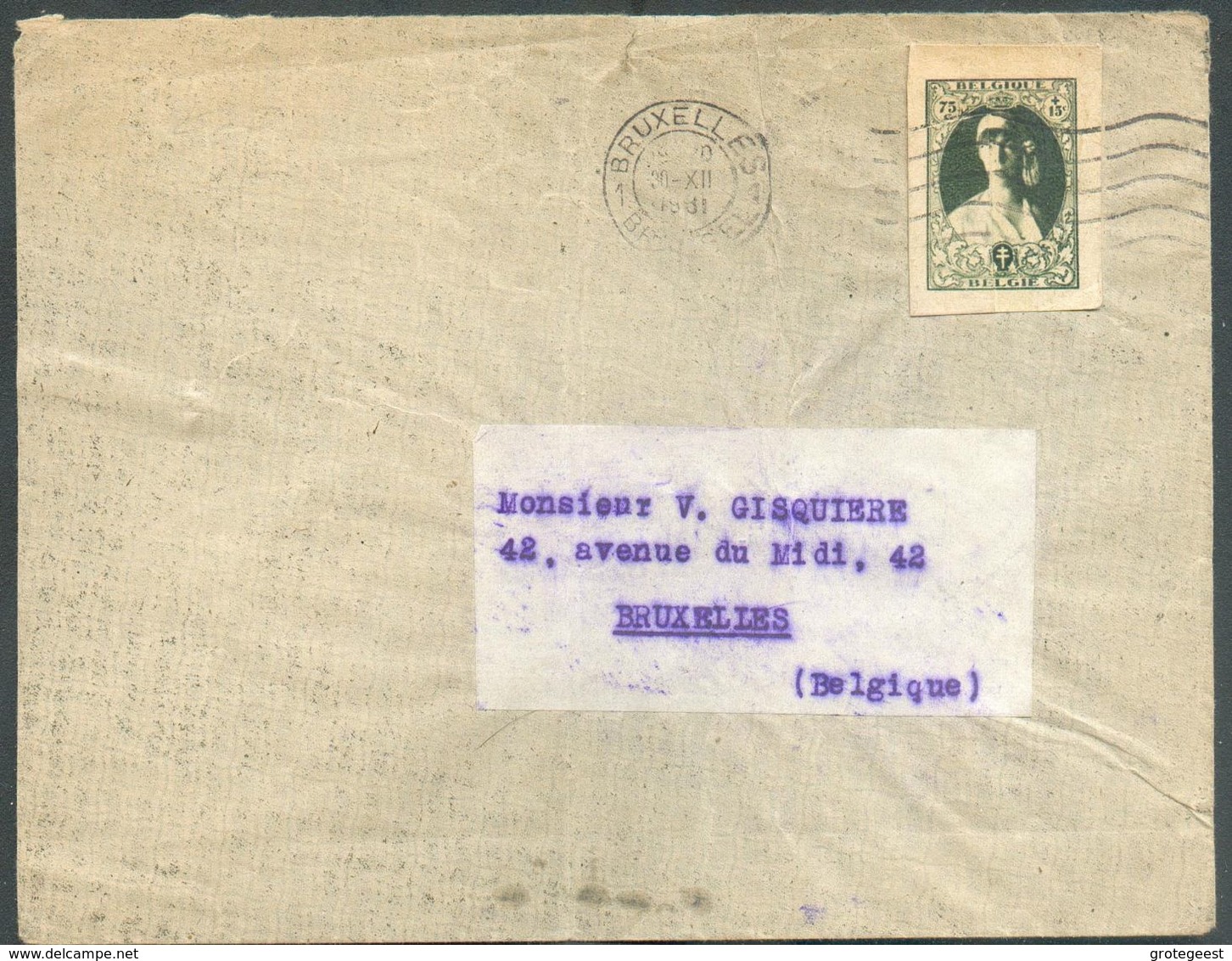 Découpe D'Entier Postal 75c. ELisabeth Bandeau Sur Lettre De Bruxelles 1 Du 30-XII-1931 -  12630 - Altri & Non Classificati