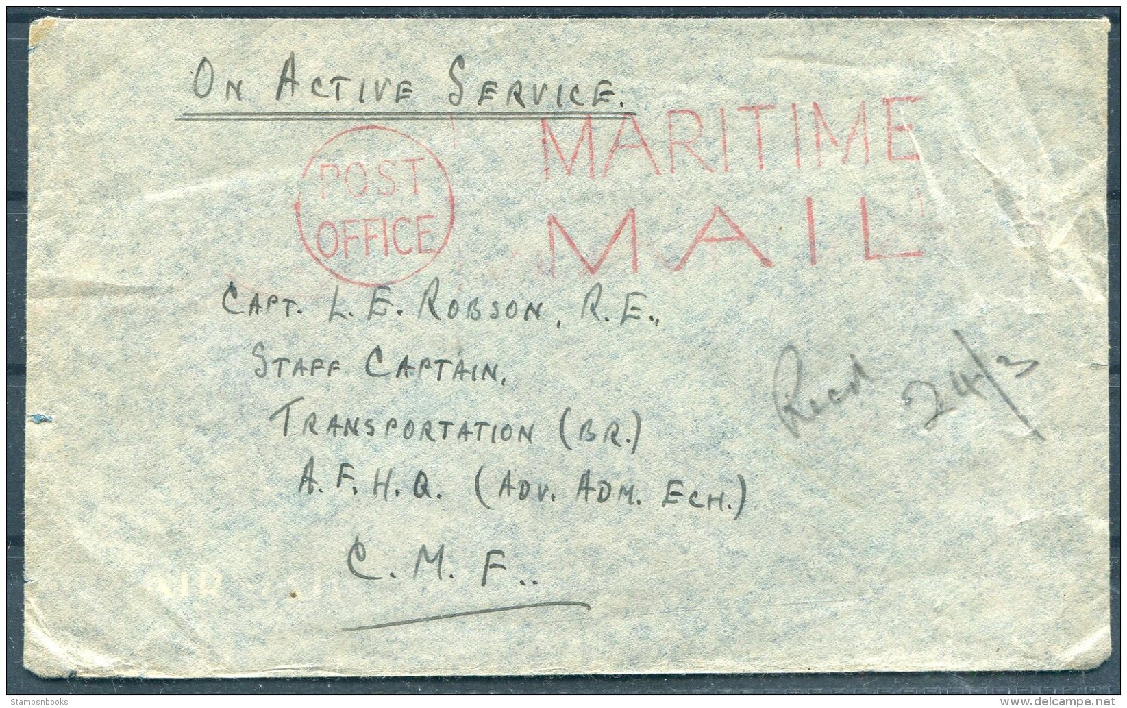 GB WW2 'Post Office Maritime Mail' O.A.S. Cover Radio Officer - Capt Robson R.E. A.F.H.Q. British Army C.M.F. - Covers & Documents