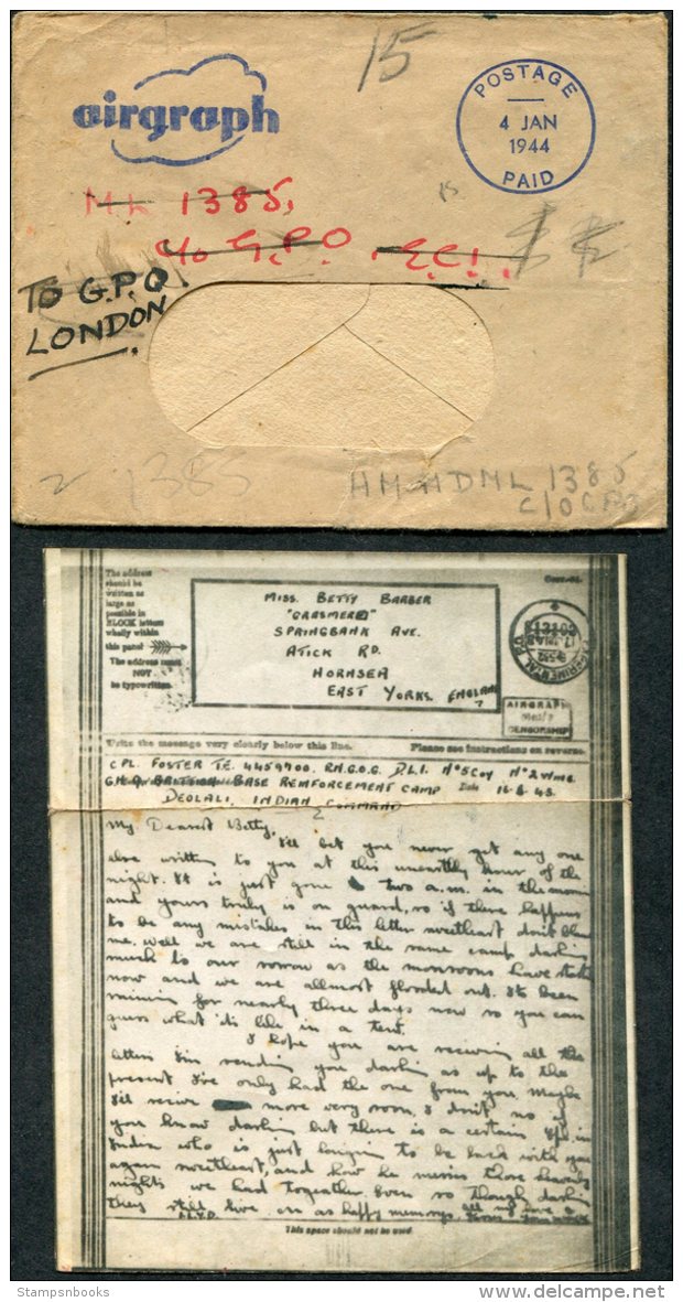 1944 GB 'New Zealand Army P.O. UK' Airgraph + Cover. Deolali, Indian Command -  Hornsea, East Yorkshire. Lowestoft - Covers & Documents