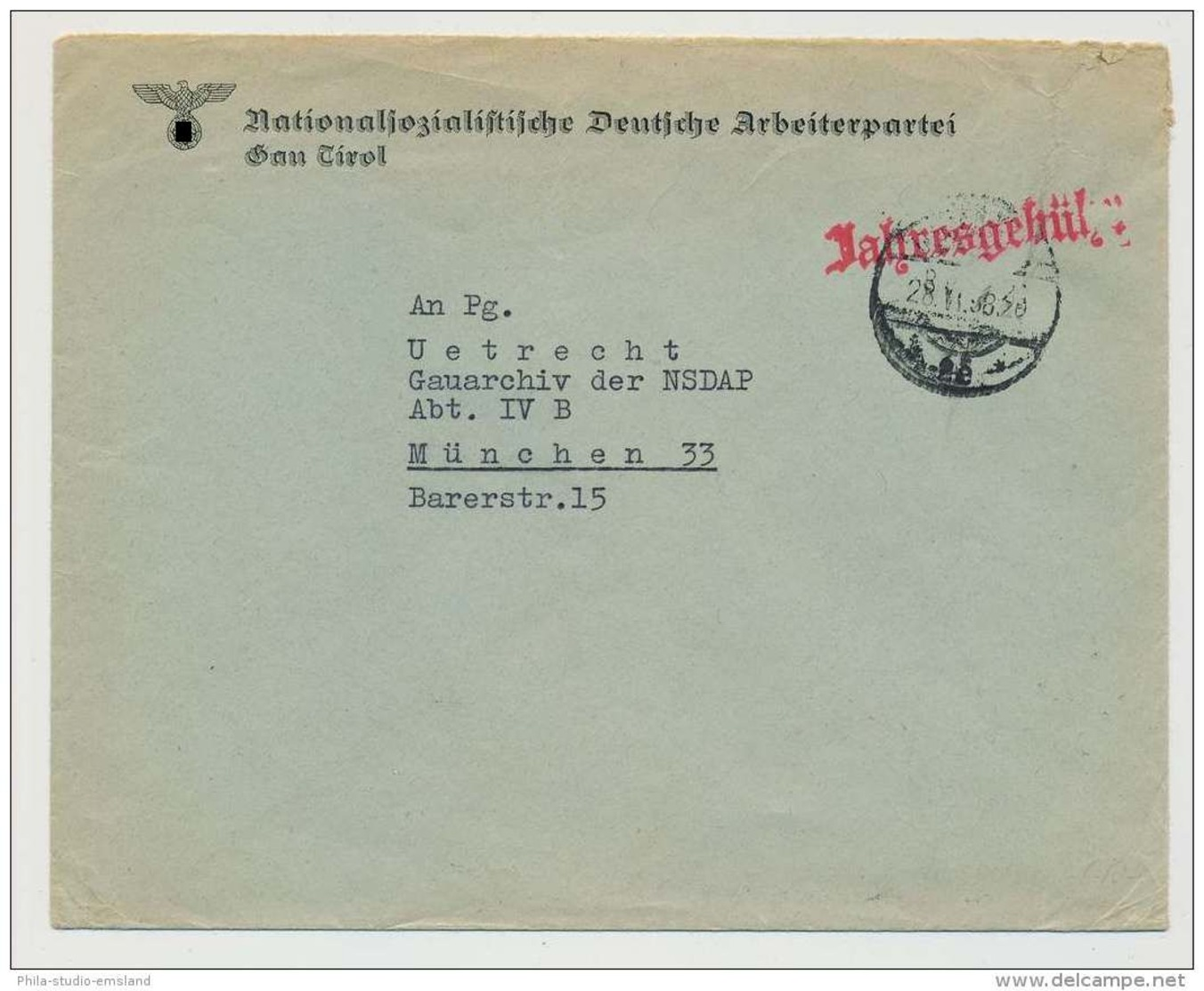 Deutsches Reich Vordruckumschlag NSDAP Gau Tirol 28.11.38 (37916) - Briefe U. Dokumente