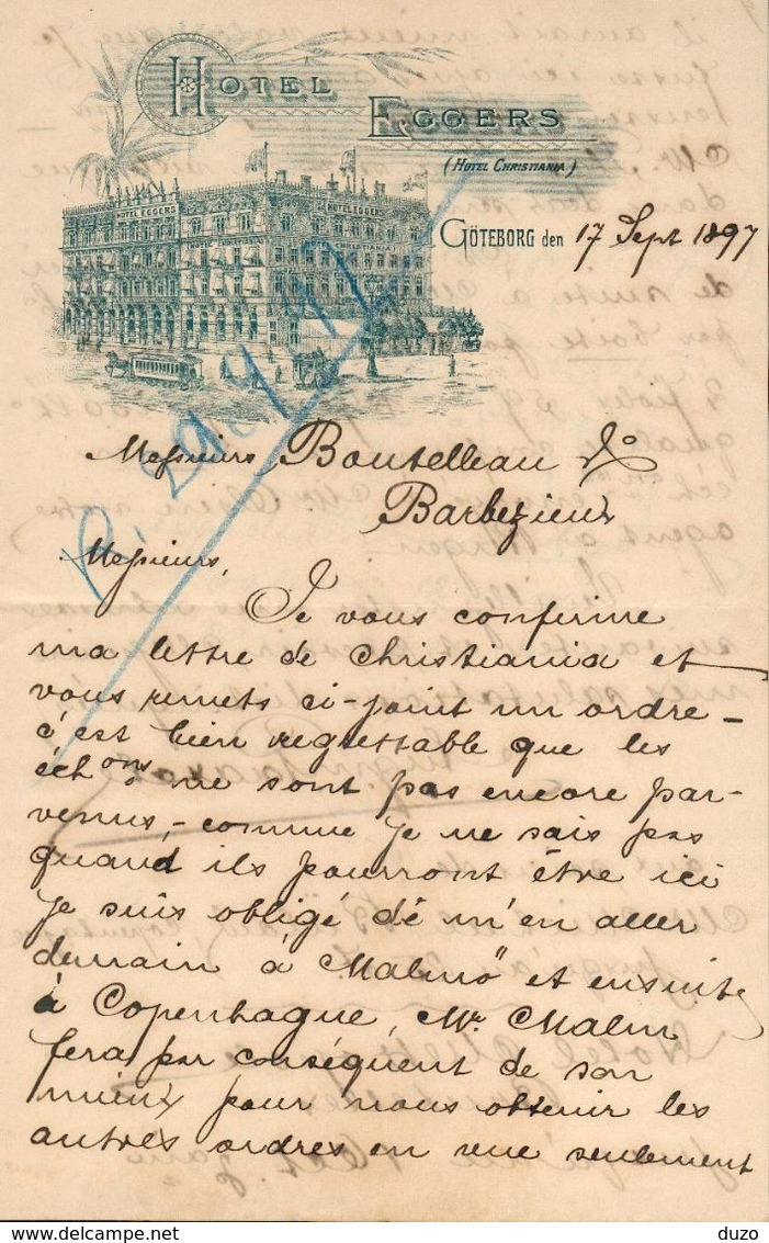 Suède - Lettre Avec Entête 17 Septembre 1897 - Hôtel Eggers - Göteborg - Voir (2 Scans). - Other & Unclassified