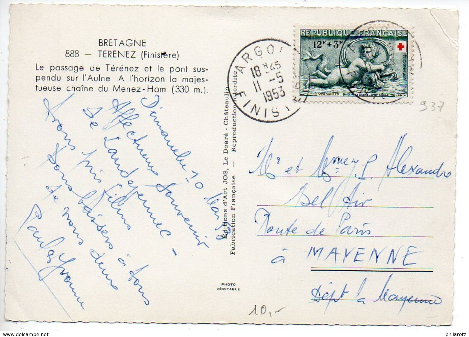 12F Croix-rouge 1952 (n° 937) Seul Sur Carte De + De 5 Mots Du 11.5.1953 - 1921-1960: Moderne