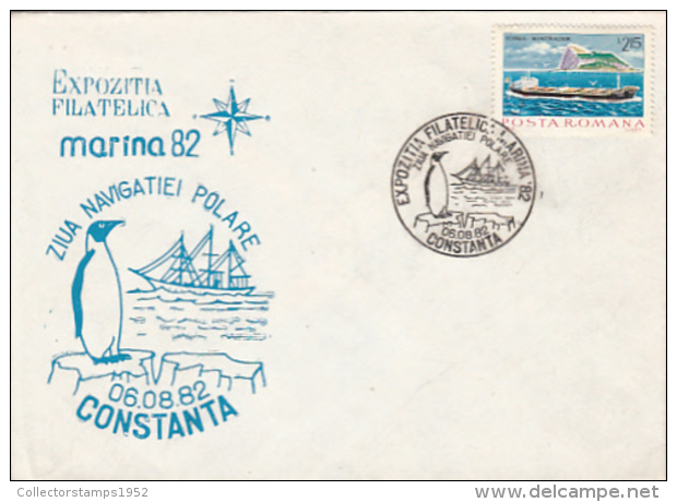 69960- PENGUINS, SHIP, POLAR NAVIGATION DAY, SPECIAL COVER, 1982, ROMANIA - Événements & Commémorations