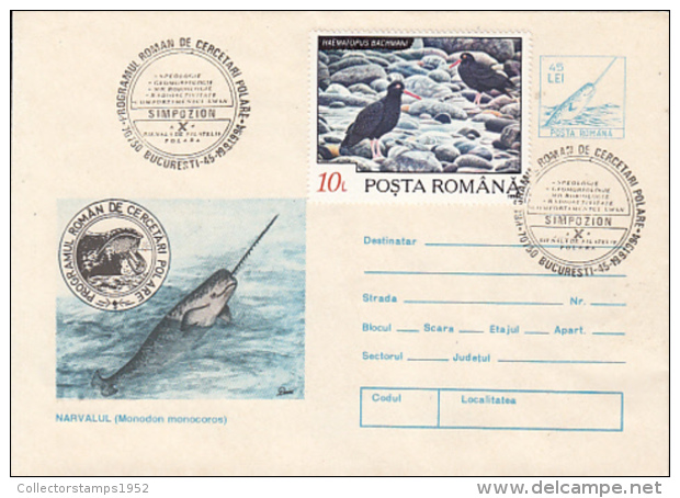 69961- NARWHAL, ARCTIC WILDLIFE, RESEARCH PROGRAM, COVER STATIONERY, BIRD STAMP, 1994, ROMANIA - Arctic Tierwelt