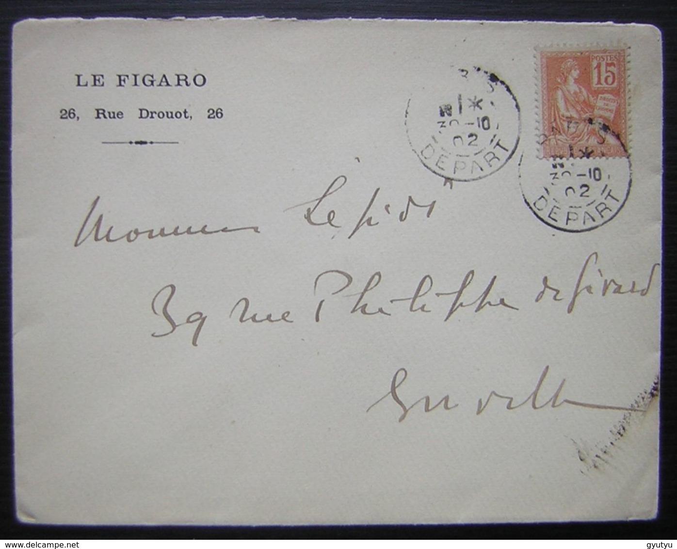 1902 Le Figaro (Journal) Lettre Paris Départ  Avec Logo à L'arrière - 1877-1920: Semi-Moderne